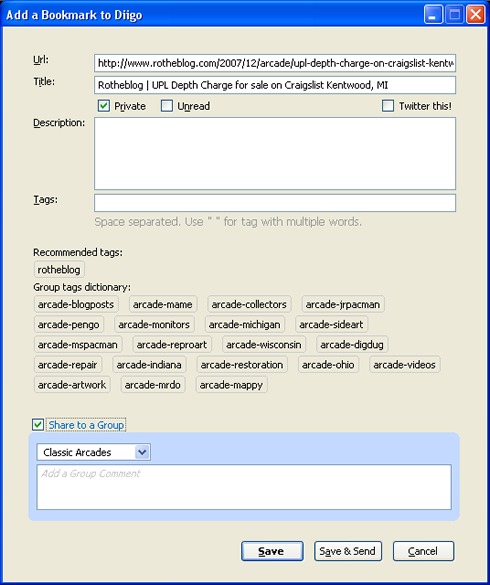 Diigo Bookmark Dialog Box for Groups