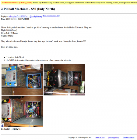 Craigslist Ad for three pinballs